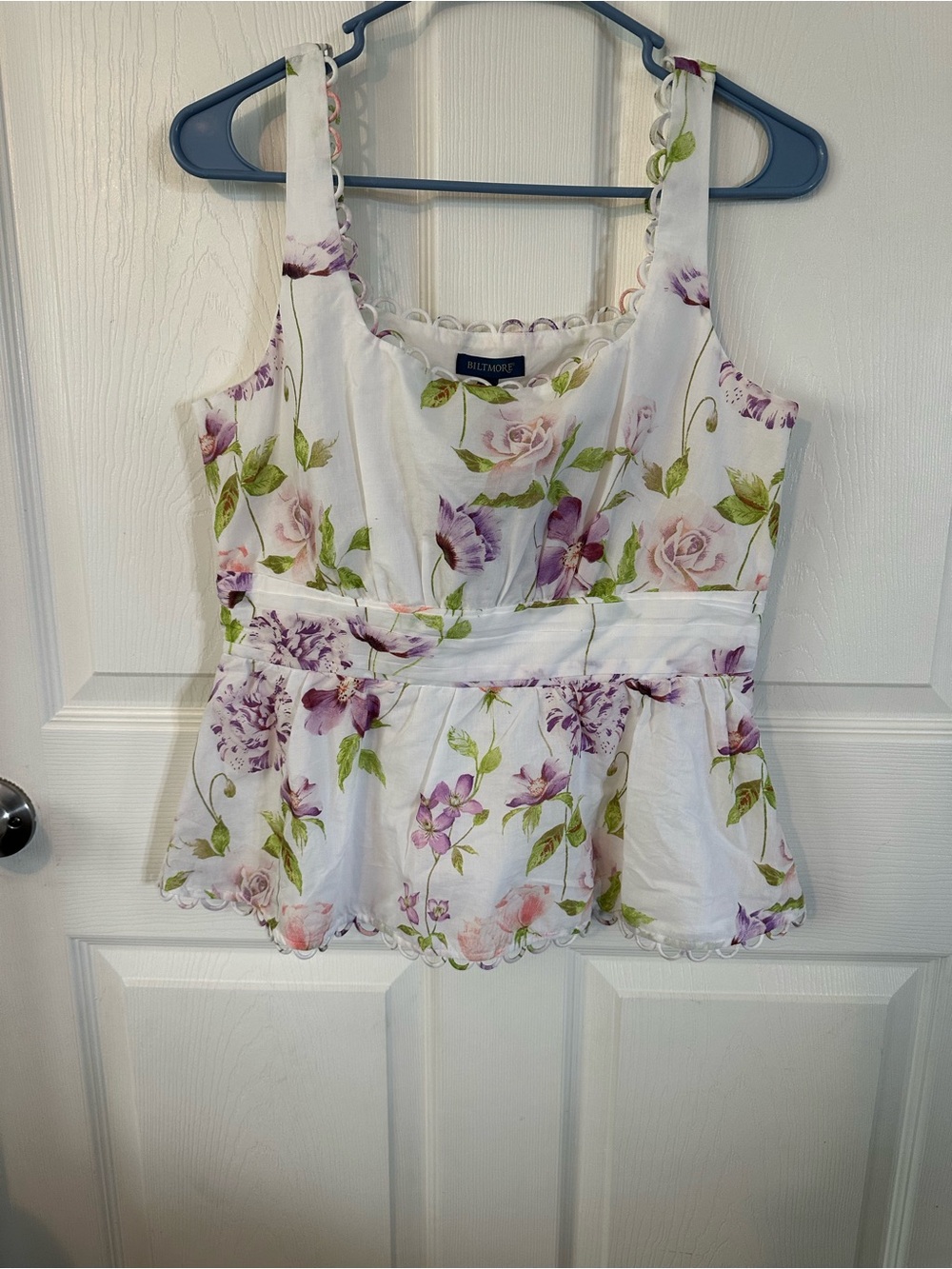 White Floral Peplum Tank Top with Lavender Roses